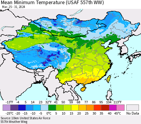 China, Mongolia and Taiwan Mean Minimum Temperature (USAF 557th WW) Thematic Map For 3/25/2024 - 3/31/2024