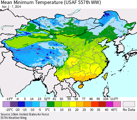 China, Mongolia and Taiwan Mean Minimum Temperature (USAF 557th WW) Thematic Map For 4/1/2024 - 4/7/2024