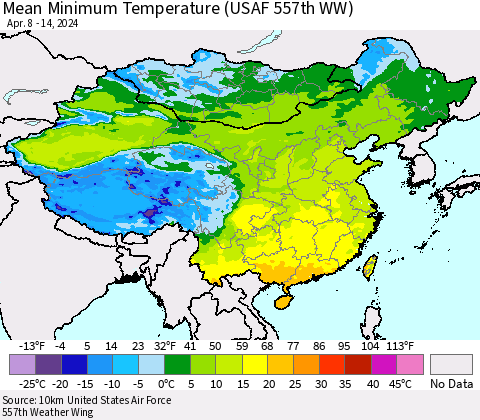 China, Mongolia and Taiwan Mean Minimum Temperature (USAF 557th WW) Thematic Map For 4/8/2024 - 4/14/2024