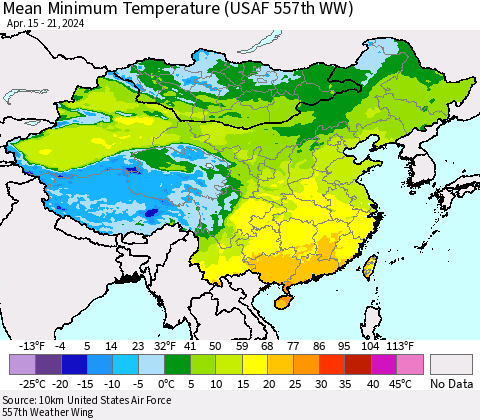 China, Mongolia and Taiwan Mean Minimum Temperature (USAF 557th WW) Thematic Map For 4/15/2024 - 4/21/2024
