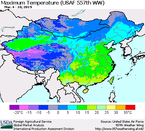 China and Taiwan Maximum Temperature (USAF 557th WW) Thematic Map For 3/4/2019 - 3/10/2019
