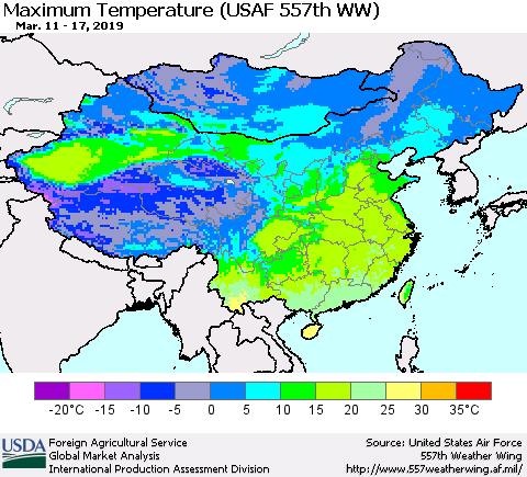 China, Mongolia and Taiwan Mean Maximum Temperature (USAF 557th WW) Thematic Map For 3/11/2019 - 3/17/2019