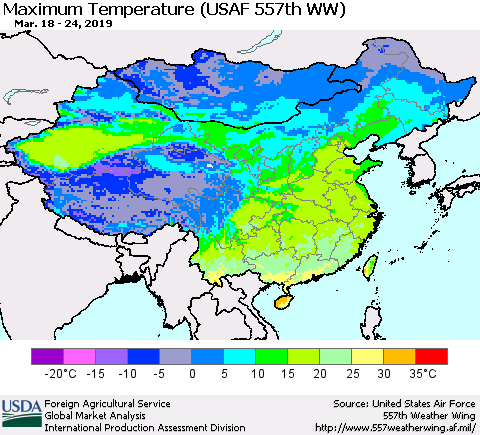 China and Taiwan Maximum Temperature (USAF 557th WW) Thematic Map For 3/18/2019 - 3/24/2019