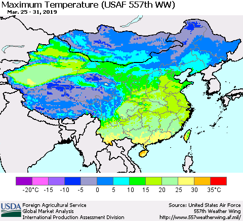 China and Taiwan Maximum Temperature (USAF 557th WW) Thematic Map For 3/25/2019 - 3/31/2019