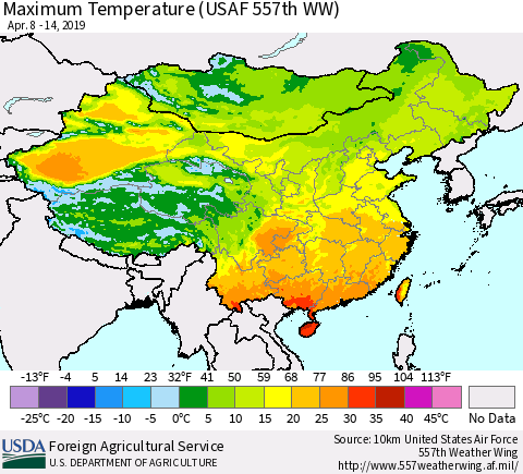 China, Mongolia and Taiwan Mean Maximum Temperature (USAF 557th WW) Thematic Map For 4/8/2019 - 4/14/2019