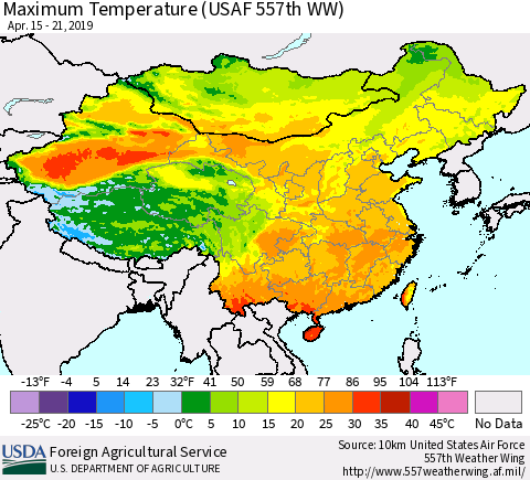 China, Mongolia and Taiwan Mean Maximum Temperature (USAF 557th WW) Thematic Map For 4/15/2019 - 4/21/2019