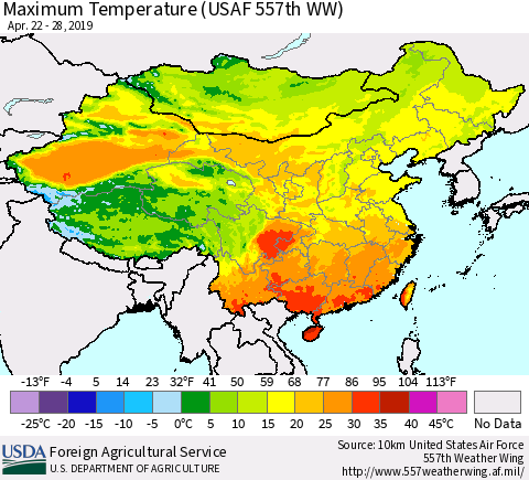 China, Mongolia and Taiwan Mean Maximum Temperature (USAF 557th WW) Thematic Map For 4/22/2019 - 4/28/2019