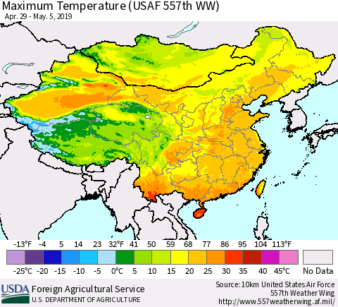 China and Taiwan Maximum Temperature (USAF 557th WW) Thematic Map For 4/29/2019 - 5/5/2019