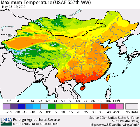 China and Taiwan Maximum Temperature (USAF 557th WW) Thematic Map For 5/13/2019 - 5/19/2019