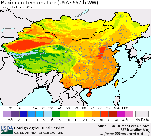 China, Mongolia and Taiwan Mean Maximum Temperature (USAF 557th WW) Thematic Map For 5/27/2019 - 6/2/2019
