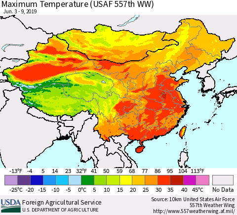 China and Taiwan Maximum Temperature (USAF 557th WW) Thematic Map For 6/3/2019 - 6/9/2019