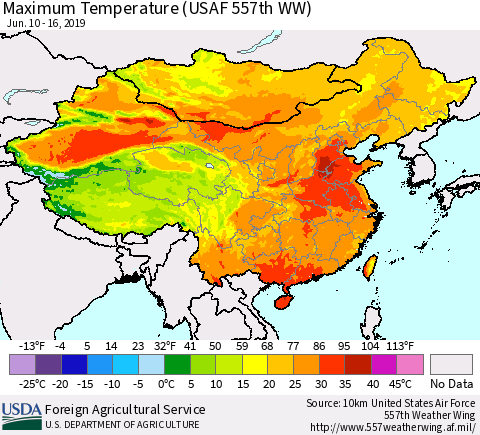 China, Mongolia and Taiwan Mean Maximum Temperature (USAF 557th WW) Thematic Map For 6/10/2019 - 6/16/2019