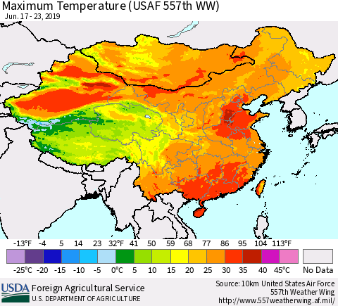 China and Taiwan Maximum Temperature (USAF 557th WW) Thematic Map For 6/17/2019 - 6/23/2019