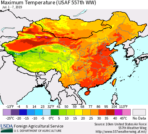 China, Mongolia and Taiwan Mean Maximum Temperature (USAF 557th WW) Thematic Map For 7/1/2019 - 7/7/2019