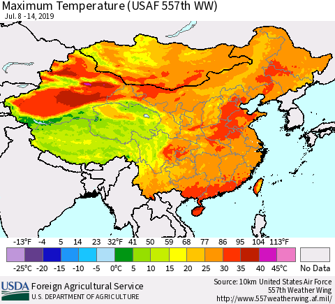 China and Taiwan Maximum Temperature (USAF 557th WW) Thematic Map For 7/8/2019 - 7/14/2019