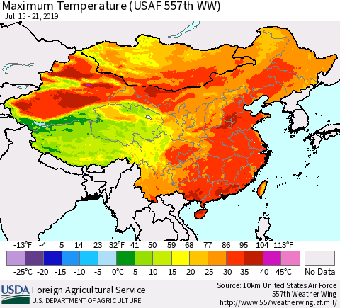 China and Taiwan Maximum Temperature (USAF 557th WW) Thematic Map For 7/15/2019 - 7/21/2019
