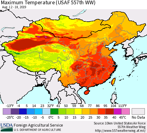 China, Mongolia and Taiwan Mean Maximum Temperature (USAF 557th WW) Thematic Map For 8/12/2019 - 8/18/2019
