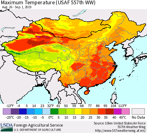 China and Taiwan Maximum Temperature (USAF 557th WW) Thematic Map For 8/26/2019 - 9/1/2019