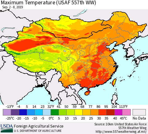 China and Taiwan Maximum Temperature (USAF 557th WW) Thematic Map For 9/2/2019 - 9/8/2019