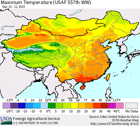 China and Taiwan Maximum Temperature (USAF 557th WW) Thematic Map For 9/16/2019 - 9/22/2019