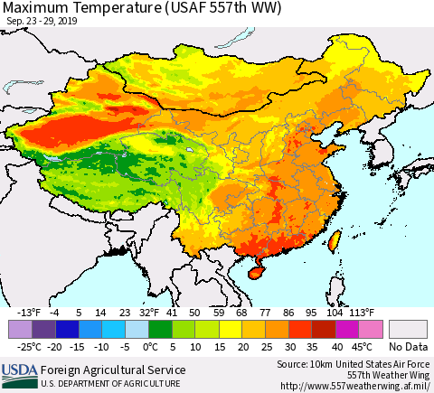 China and Taiwan Maximum Temperature (USAF 557th WW) Thematic Map For 9/23/2019 - 9/29/2019