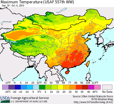 China and Taiwan Maximum Temperature (USAF 557th WW) Thematic Map For 9/30/2019 - 10/6/2019