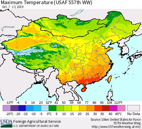 China, Mongolia and Taiwan Mean Maximum Temperature (USAF 557th WW) Thematic Map For 10/7/2019 - 10/13/2019
