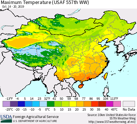 China, Mongolia and Taiwan Mean Maximum Temperature (USAF 557th WW) Thematic Map For 10/14/2019 - 10/20/2019