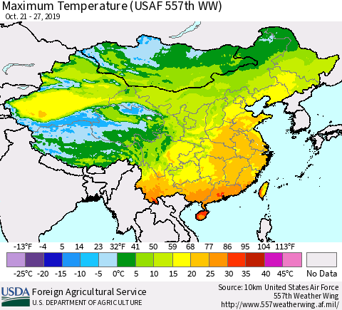 China, Mongolia and Taiwan Mean Maximum Temperature (USAF 557th WW) Thematic Map For 10/21/2019 - 10/27/2019