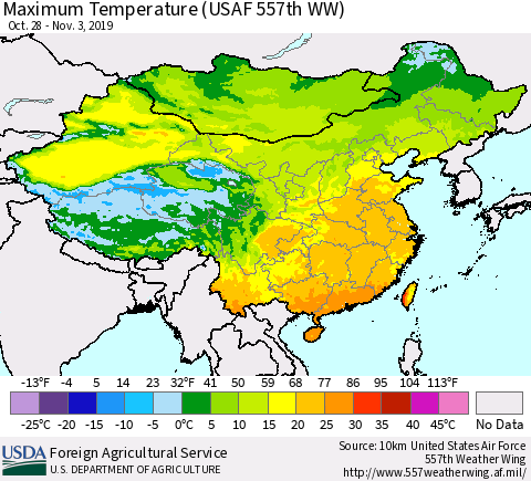 China and Taiwan Maximum Temperature (USAF 557th WW) Thematic Map For 10/28/2019 - 11/3/2019