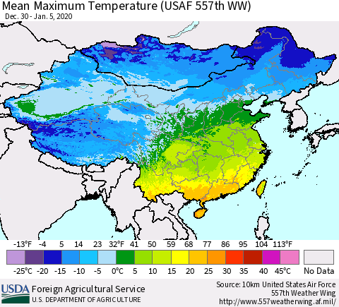 China, Mongolia and Taiwan Mean Maximum Temperature (USAF 557th WW) Thematic Map For 12/30/2019 - 1/5/2020