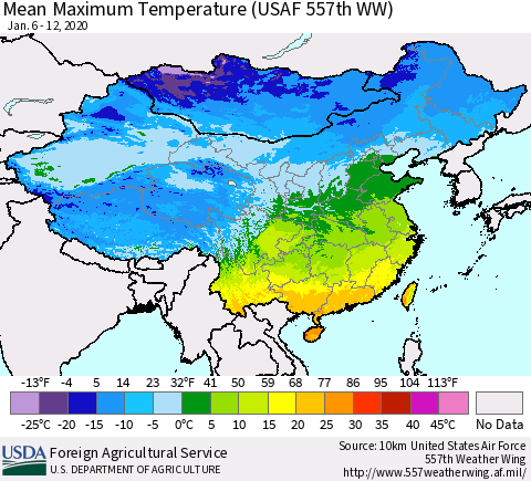 China, Mongolia and Taiwan Mean Maximum Temperature (USAF 557th WW) Thematic Map For 1/6/2020 - 1/12/2020