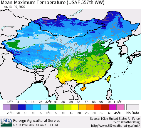 China, Mongolia and Taiwan Mean Maximum Temperature (USAF 557th WW) Thematic Map For 1/13/2020 - 1/19/2020
