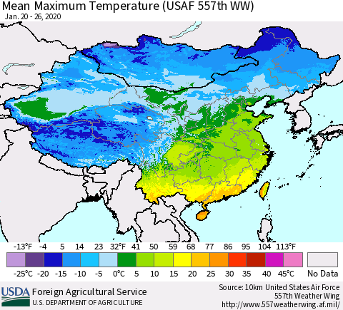China, Mongolia and Taiwan Mean Maximum Temperature (USAF 557th WW) Thematic Map For 1/20/2020 - 1/26/2020
