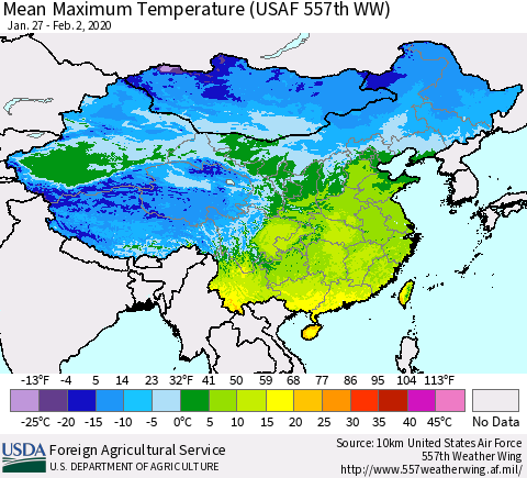 China, Mongolia and Taiwan Mean Maximum Temperature (USAF 557th WW) Thematic Map For 1/27/2020 - 2/2/2020