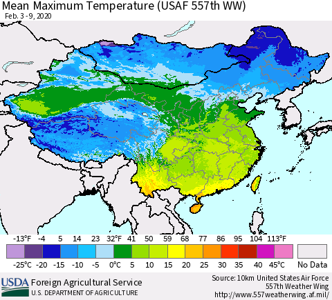 China, Mongolia and Taiwan Mean Maximum Temperature (USAF 557th WW) Thematic Map For 2/3/2020 - 2/9/2020