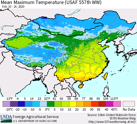 China, Mongolia and Taiwan Mean Maximum Temperature (USAF 557th WW) Thematic Map For 2/10/2020 - 2/16/2020
