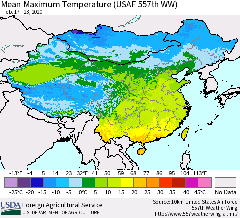 China, Mongolia and Taiwan Mean Maximum Temperature (USAF 557th WW) Thematic Map For 2/17/2020 - 2/23/2020