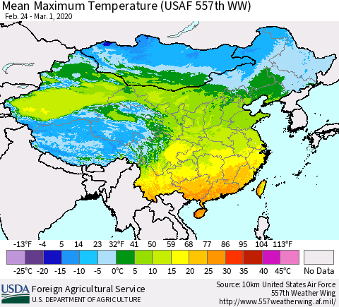 China, Mongolia and Taiwan Mean Maximum Temperature (USAF 557th WW) Thematic Map For 2/24/2020 - 3/1/2020
