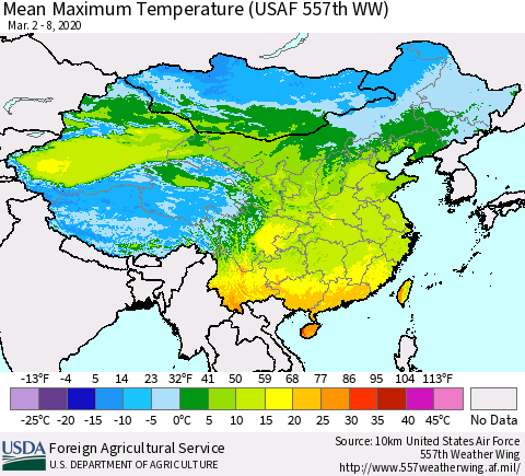 China, Mongolia and Taiwan Mean Maximum Temperature (USAF 557th WW) Thematic Map For 3/2/2020 - 3/8/2020