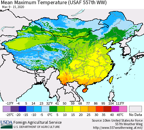China, Mongolia and Taiwan Mean Maximum Temperature (USAF 557th WW) Thematic Map For 3/9/2020 - 3/15/2020