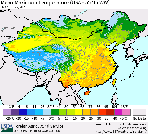 China, Mongolia and Taiwan Mean Maximum Temperature (USAF 557th WW) Thematic Map For 3/16/2020 - 3/22/2020