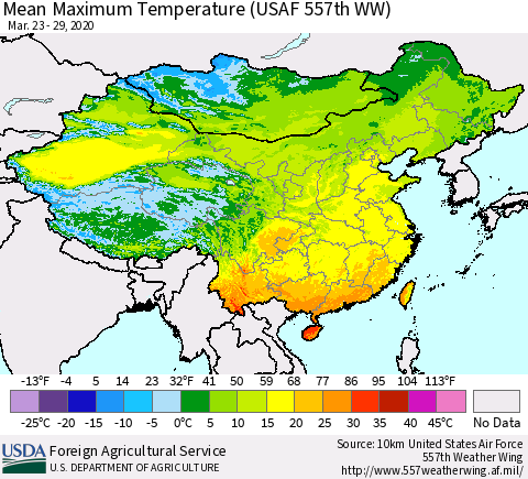 China, Mongolia and Taiwan Mean Maximum Temperature (USAF 557th WW) Thematic Map For 3/23/2020 - 3/29/2020
