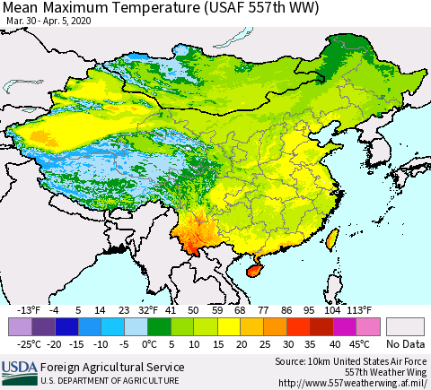 China, Mongolia and Taiwan Mean Maximum Temperature (USAF 557th WW) Thematic Map For 3/30/2020 - 4/5/2020