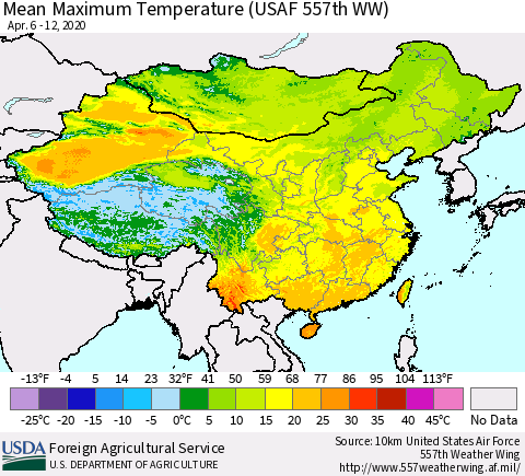 China, Mongolia and Taiwan Mean Maximum Temperature (USAF 557th WW) Thematic Map For 4/6/2020 - 4/12/2020