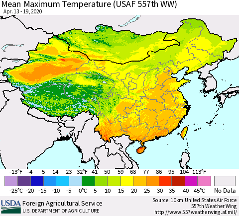 China, Mongolia and Taiwan Mean Maximum Temperature (USAF 557th WW) Thematic Map For 4/13/2020 - 4/19/2020