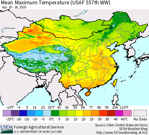 China, Mongolia and Taiwan Mean Maximum Temperature (USAF 557th WW) Thematic Map For 4/20/2020 - 4/26/2020