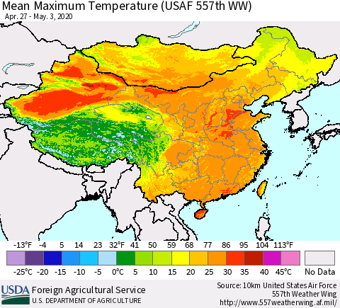 China, Mongolia and Taiwan Mean Maximum Temperature (USAF 557th WW) Thematic Map For 4/27/2020 - 5/3/2020
