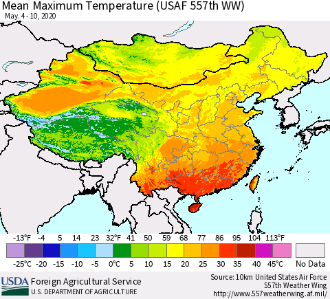China, Mongolia and Taiwan Mean Maximum Temperature (USAF 557th WW) Thematic Map For 5/4/2020 - 5/10/2020