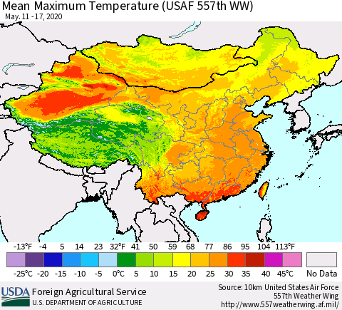 China, Mongolia and Taiwan Mean Maximum Temperature (USAF 557th WW) Thematic Map For 5/11/2020 - 5/17/2020